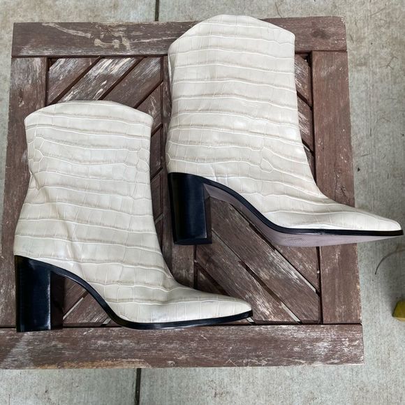 SCHUTZ Egg Shell Croc Embossed Black Block Heeled Short Boots - Picture 4 of 11